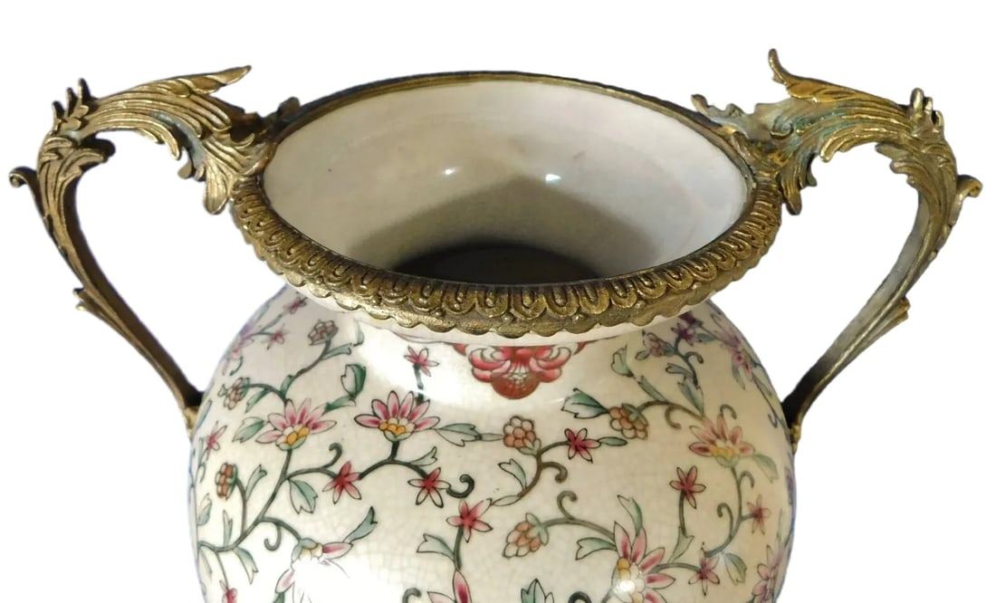 Vintage French Sevres Style Porcelain Urn Vase With Foliate Bronze Handles & Base - 4