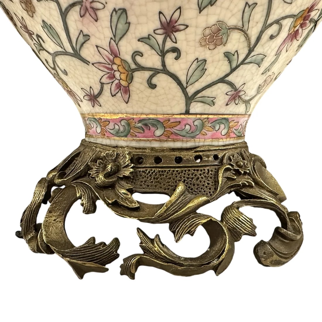 Vintage French Sevres Style Porcelain Urn Vase With Foliate Bronze Handles & Base - 5
