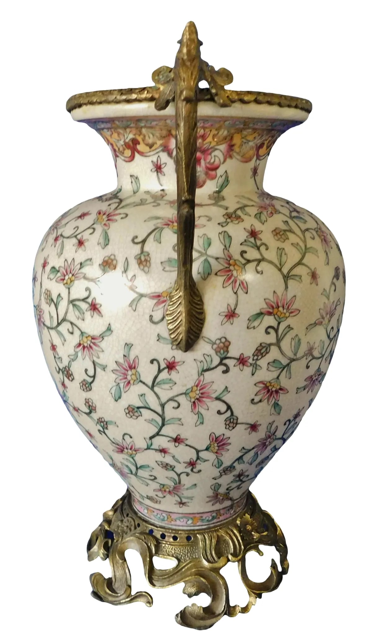 Vintage French Sevres Style Porcelain Urn Vase With Foliate Bronze Handles & Base - 6