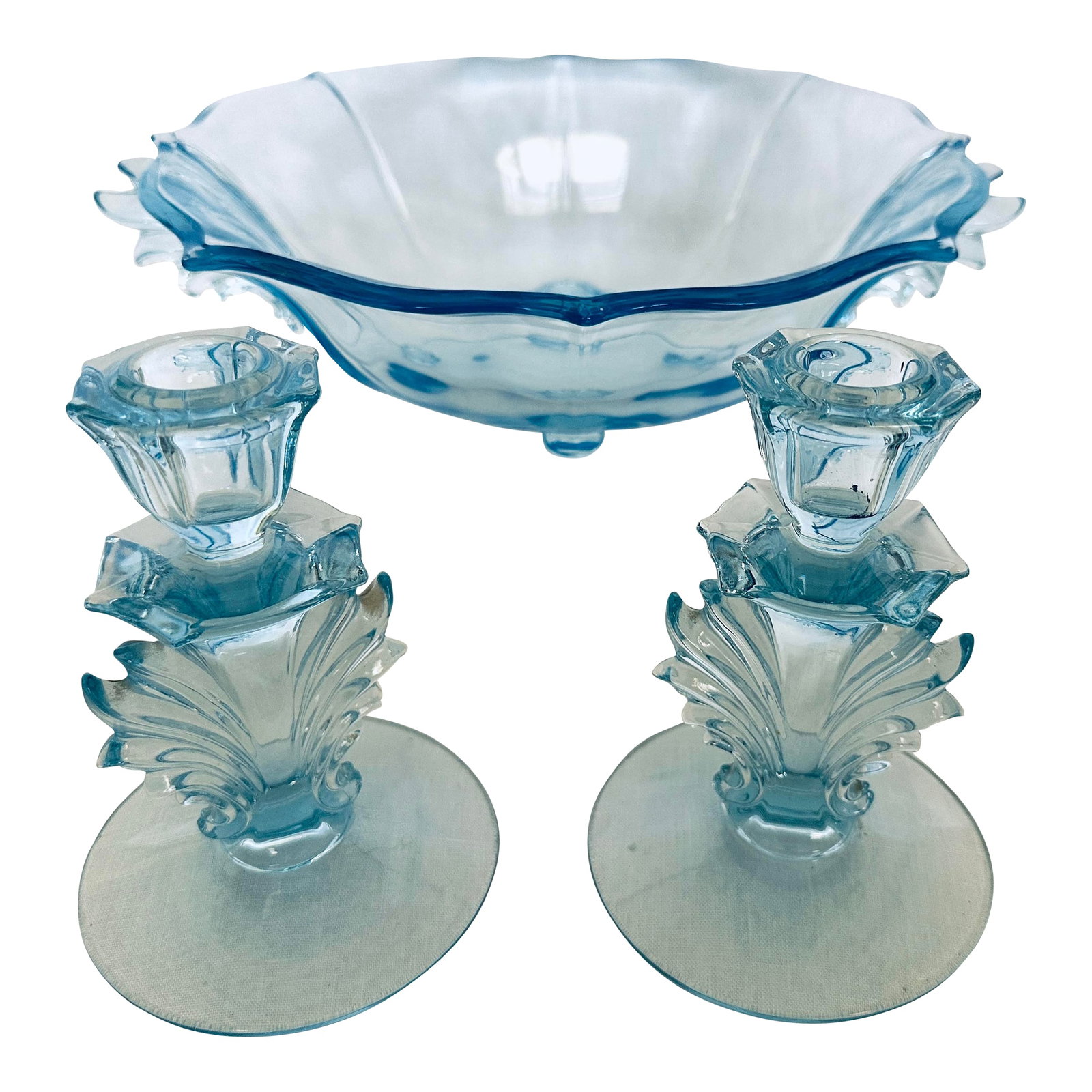 Fostoria "Baroque Blue" Bowl W/Matching Candle Holders-Set of 3: Vintage Fostoria "Baroque Blue" Handled four toed bowl. Has matching pillar holders. Perfect for dinner parties or special occasions. Could be used for many things, fruit or salad etc. discontinued 19
