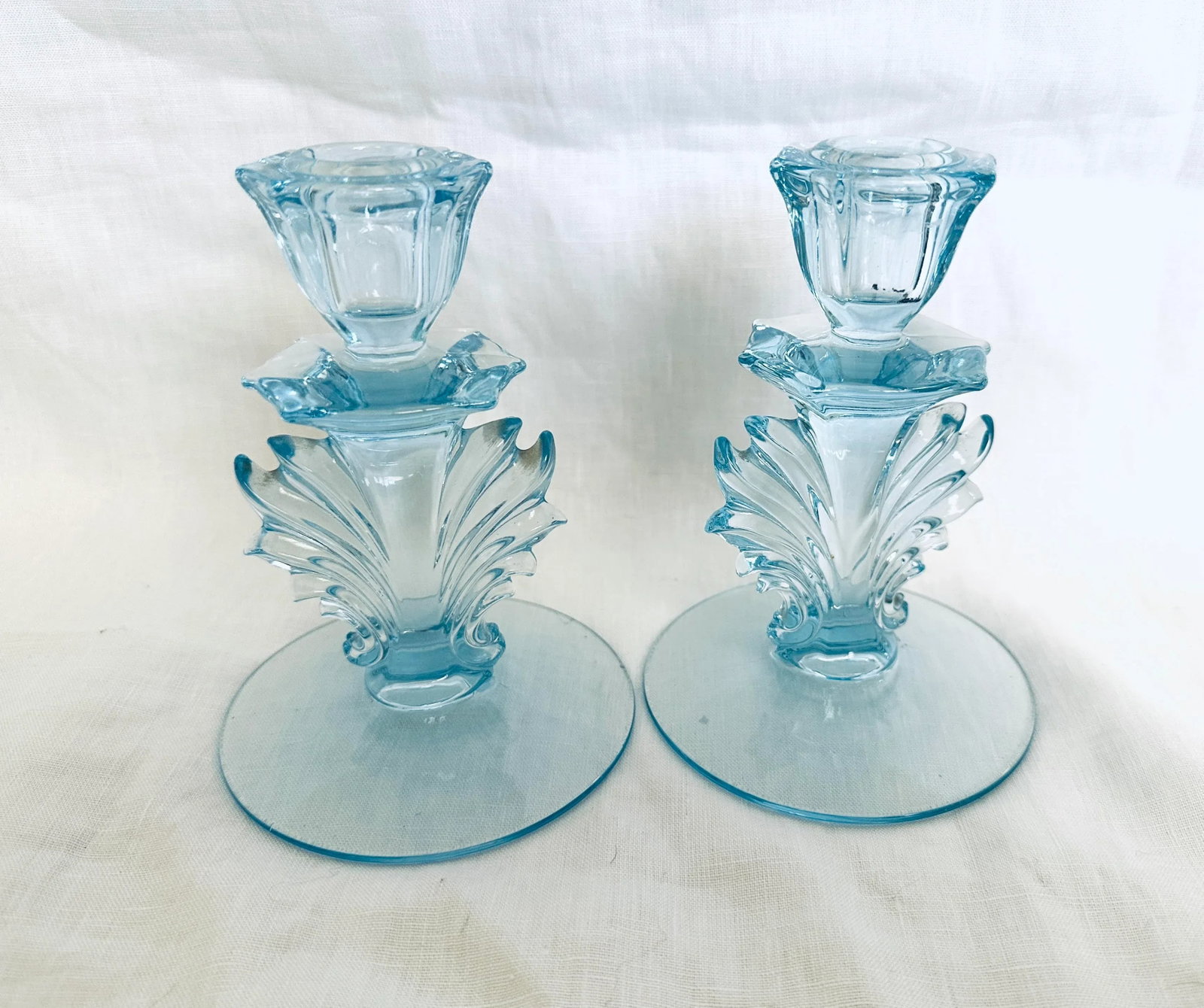 Fostoria "Baroque Blue" Bowl W/Matching Candle Holders-Set of 3 - 2