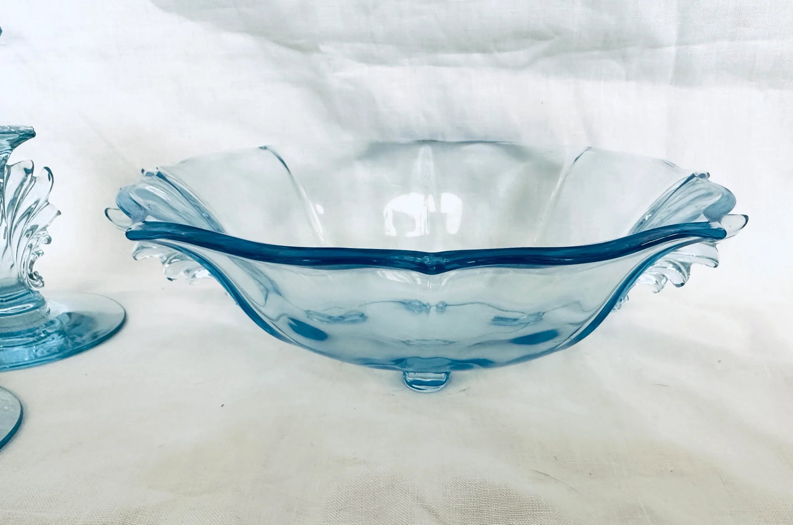Fostoria "Baroque Blue" Bowl W/Matching Candle Holders-Set of 3 - 5