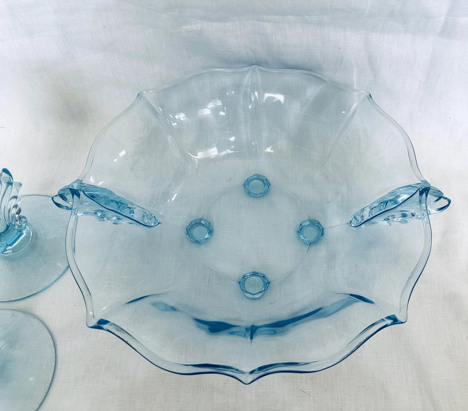Fostoria "Baroque Blue" Bowl W/Matching Candle Holders-Set of 3 - 6