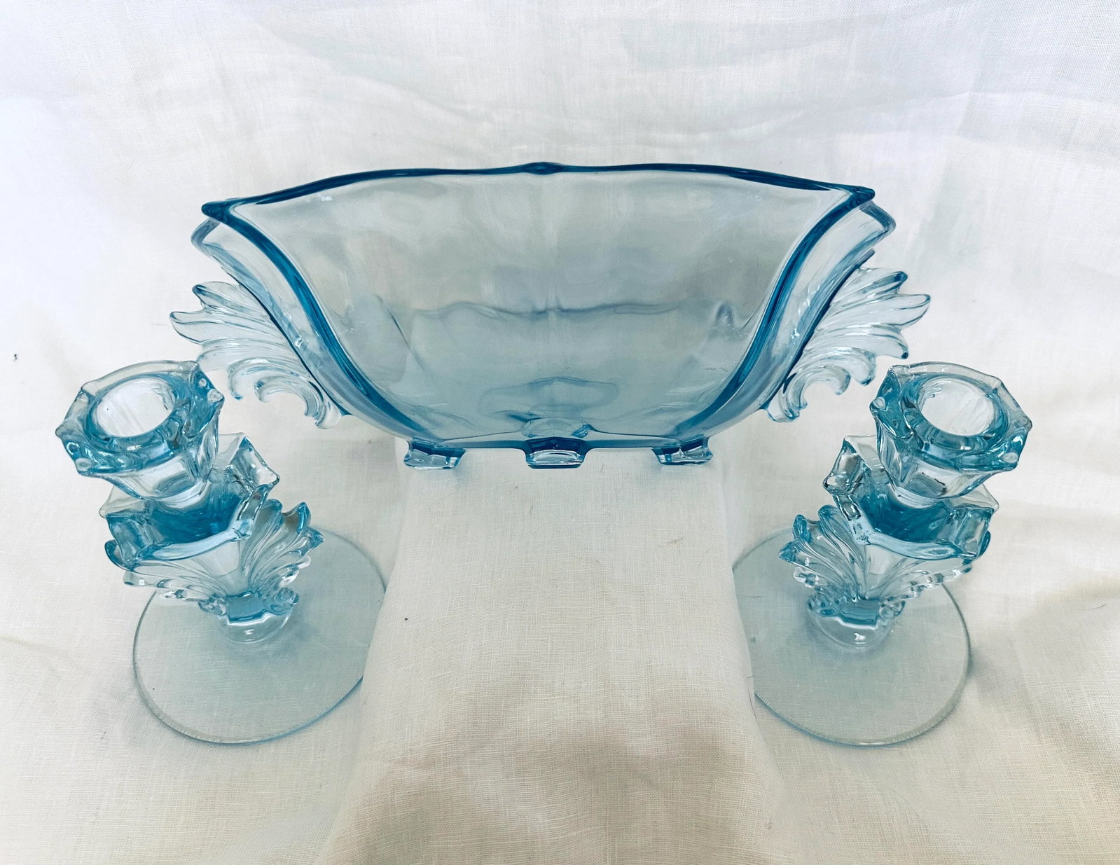 Fostoria "Baroque Blue" Bowl W/Matching Candle Holders-Set of 3 - 9