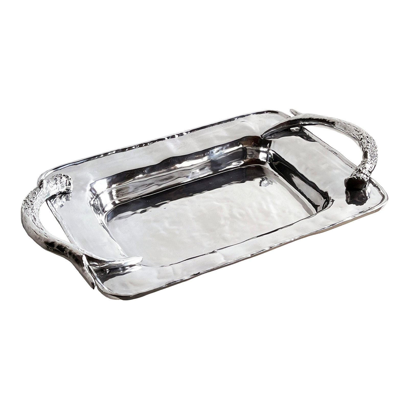 Large Vintage Polished Aluminum Antler Serving Tray: A sculptural solid polished aluminum serving tray, in the manner of designs by Arthur Court, featuring bold antler form handles and a hammered rectangular body. This versatile tray offers a bold