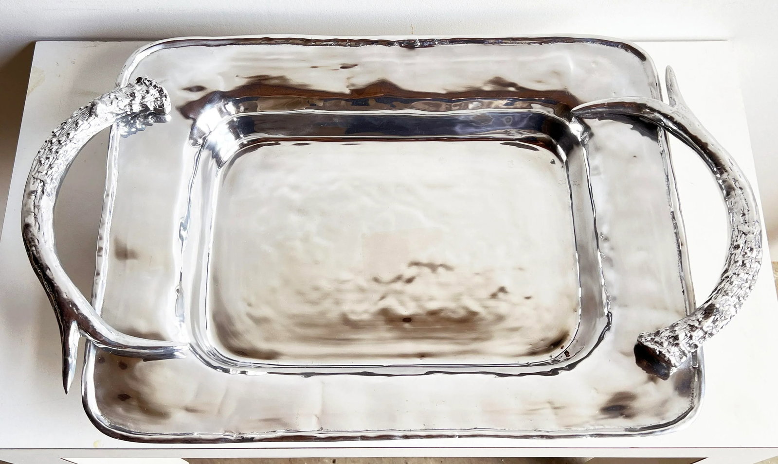 Large Vintage Polished Aluminum Antler Serving Tray - 7