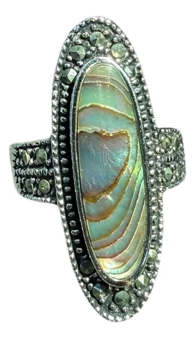 Late 20th Century Abalone Marcasite Silver-Tone Ring Size 8 (1 of 10)