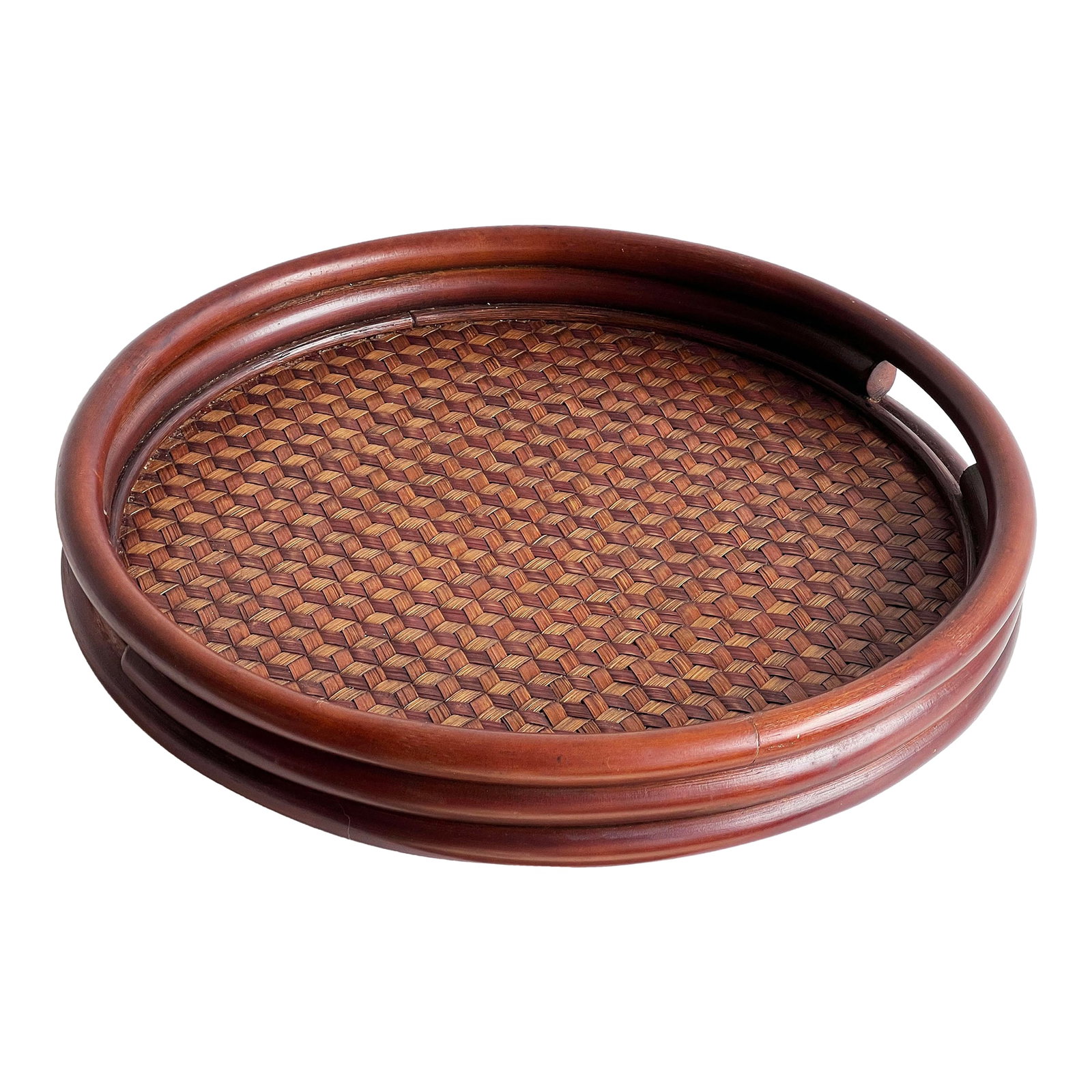 Japanese Round Woven Bamboo Tray With Trompe L'Oeil Geometric Pattern: This round Japanese bamboo tray features an intricately woven base with a mesmerizing cube illusion pattern, executed in warm natural tones. The dimensional effect of the weave recalls classic trompe