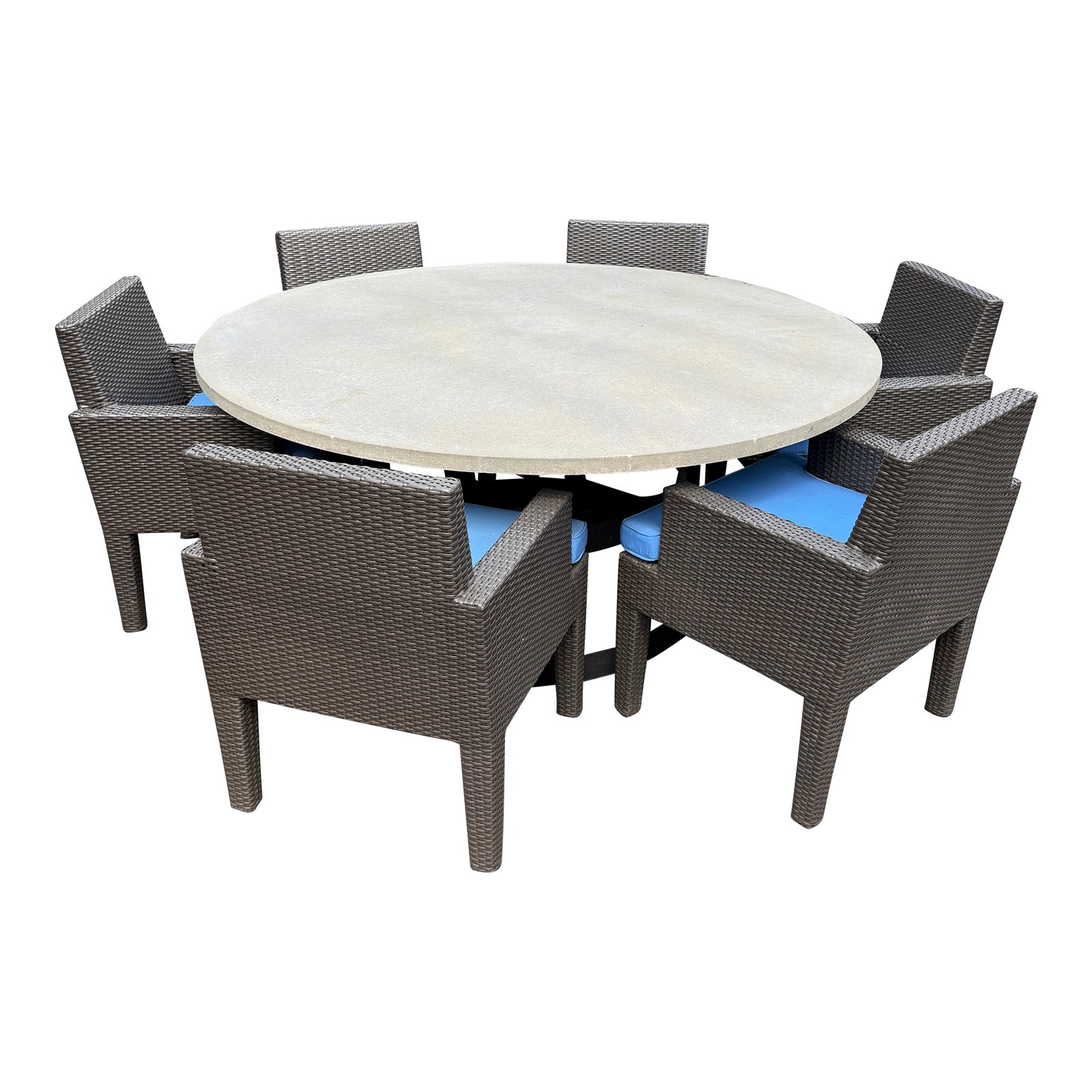 RH Round Outdoor Dining Table & 6 Chairs: RH Round Outdoor Dining Table & Chair Set A disk of weathered stone atop a sturdy rustproof aluminum skirt creates a table at once industrial and sculptural. The gently curved base provides a