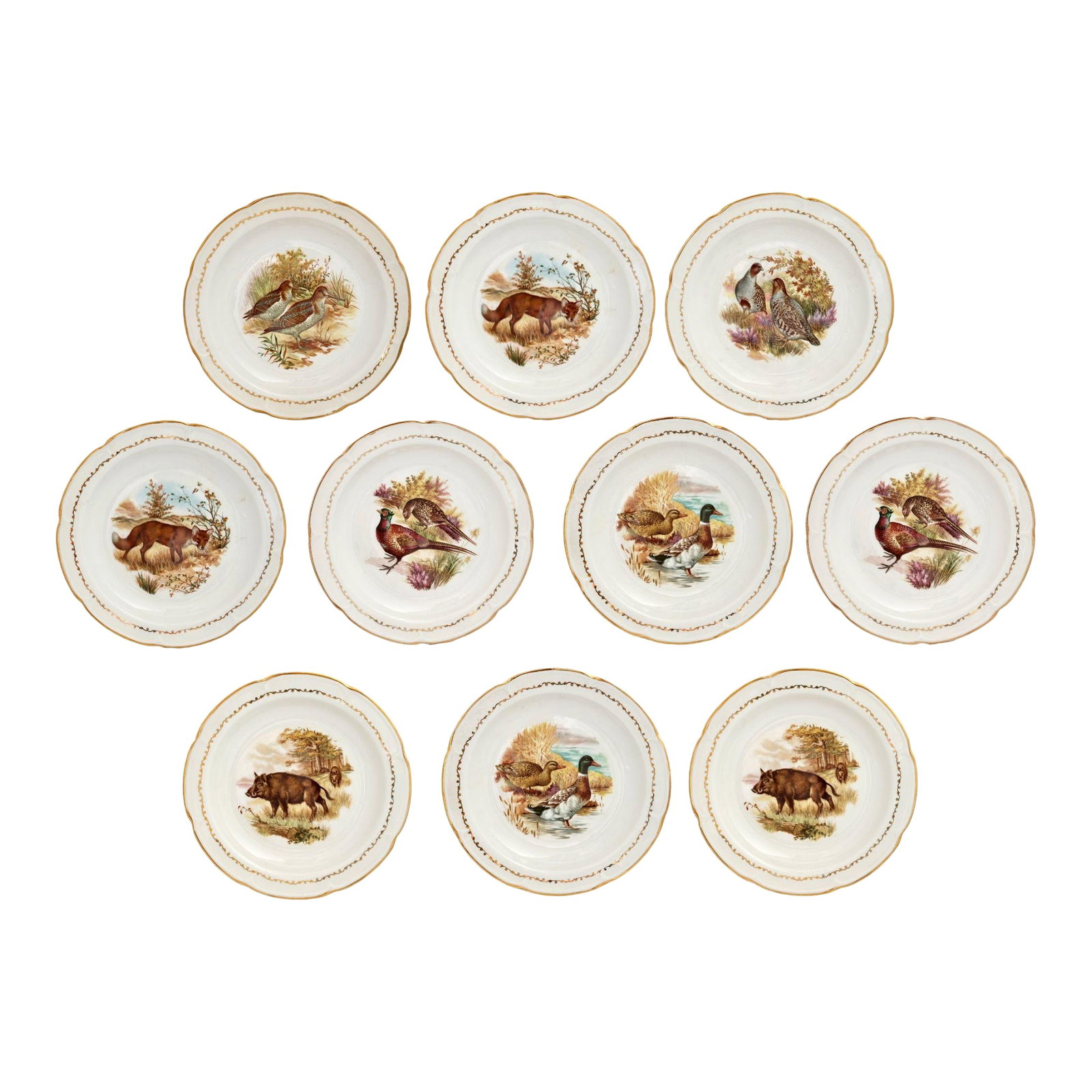 French Wildlife Risotto/Pasta/Soup Bowls: Set of 10 French porcelain shallow bowls featuring six different wildlife scenes, including game birds, fox, boar, and retriever. Ideal for risotto, soup, pasta, or salad. Vividly detailed with warm n