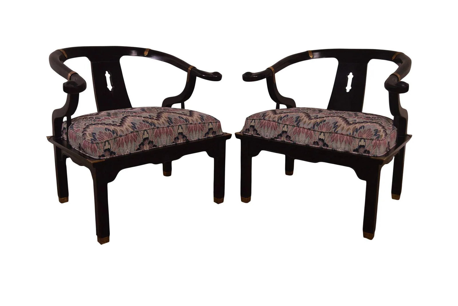 Mid-Century Black Lacquered Asian Style Horseshoe Armchairs - a Pair - 13