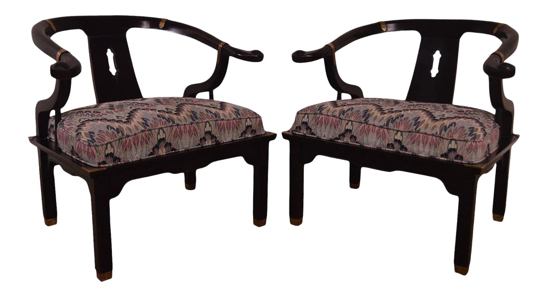 Mid-Century Black Lacquered Asian Style Horseshoe Armchairs - a Pair (1 of 13)