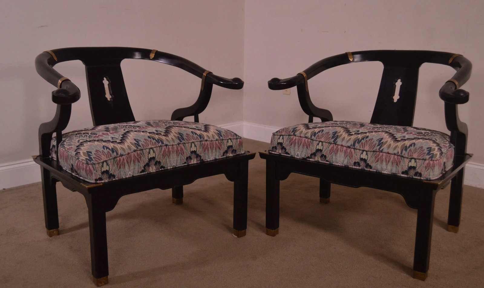 Mid-Century Black Lacquered Asian Style Horseshoe Armchairs - a Pair - 2