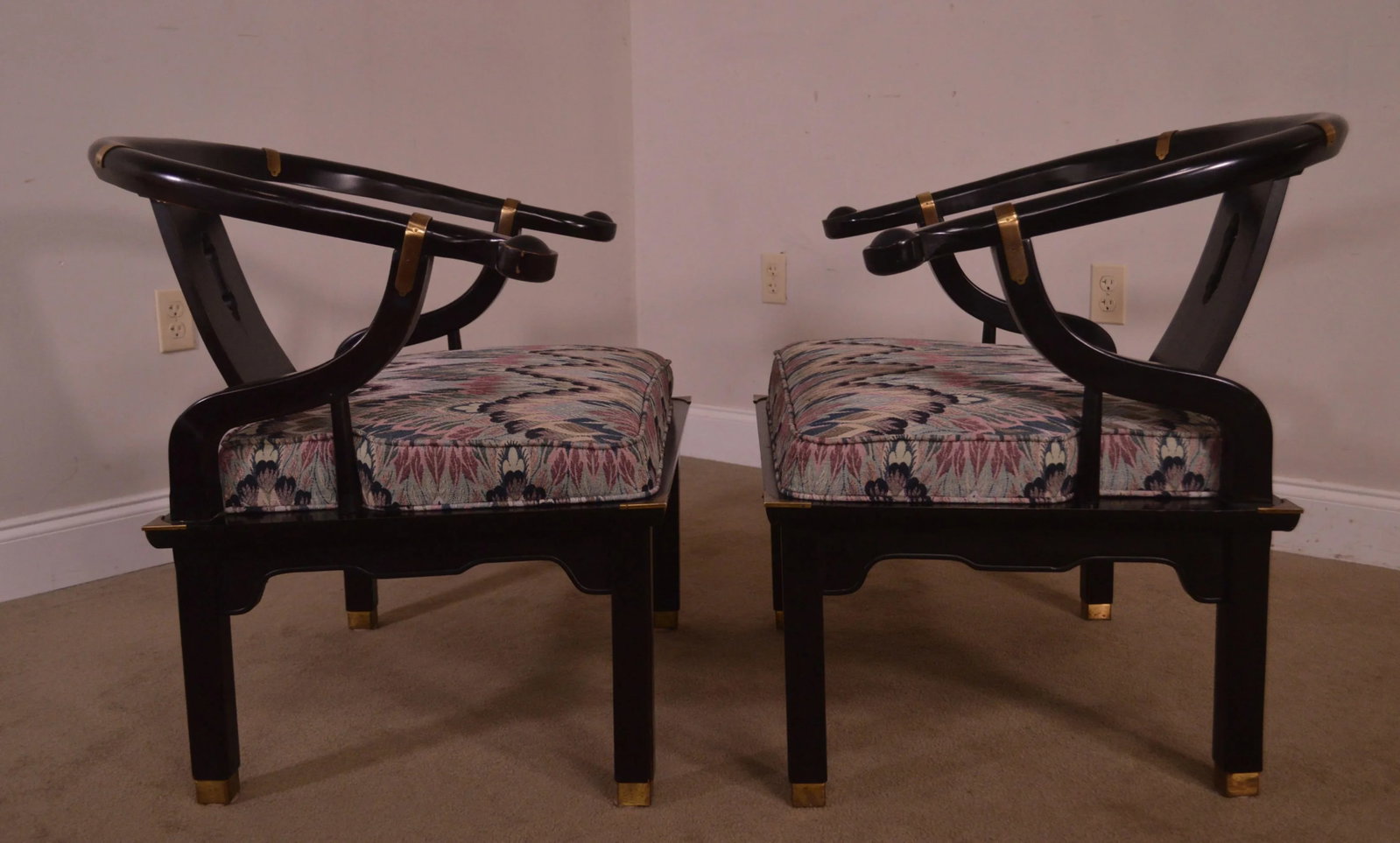 Mid-Century Black Lacquered Asian Style Horseshoe Armchairs - a Pair - 3