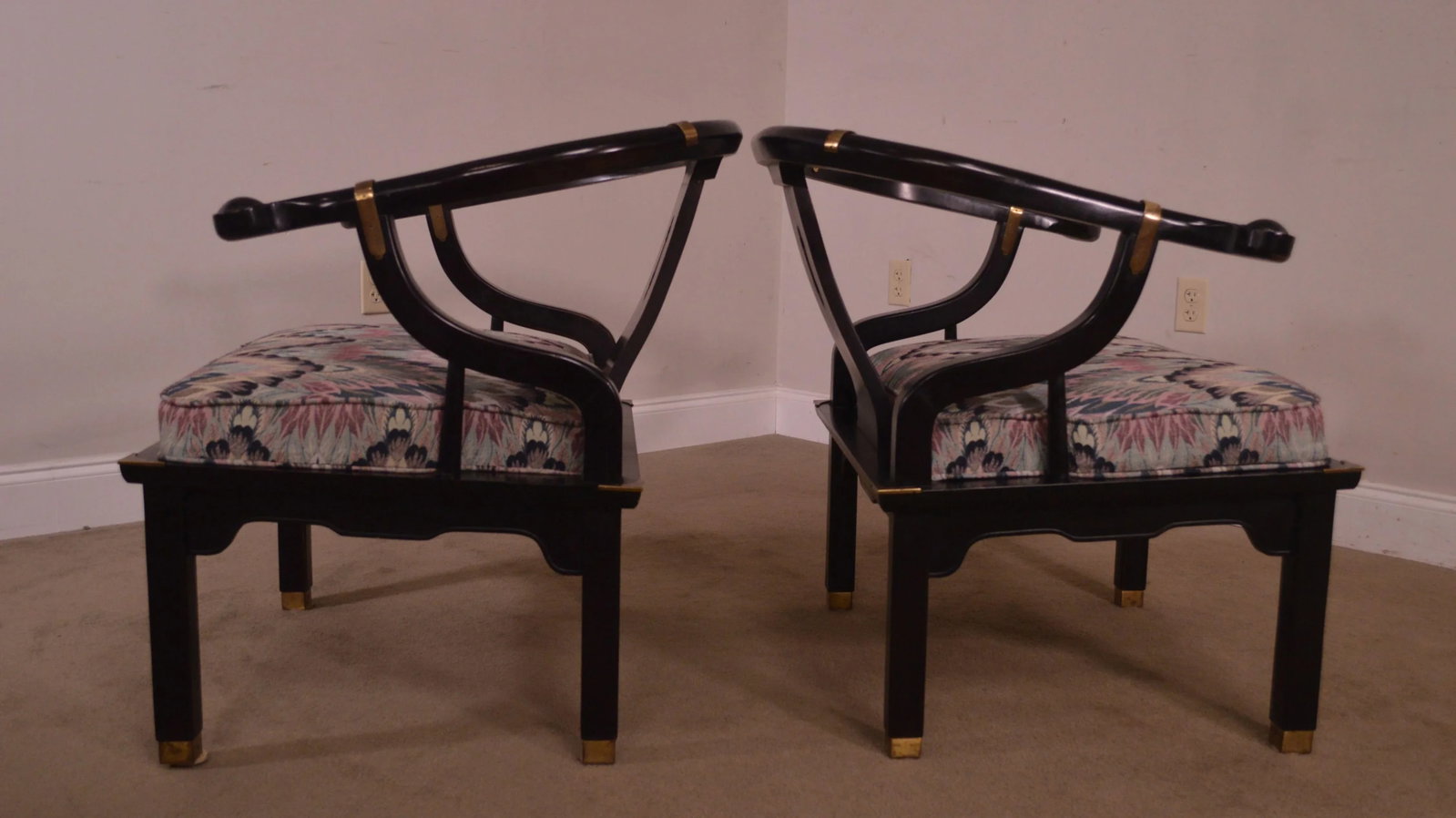 Mid-Century Black Lacquered Asian Style Horseshoe Armchairs - a Pair - 5