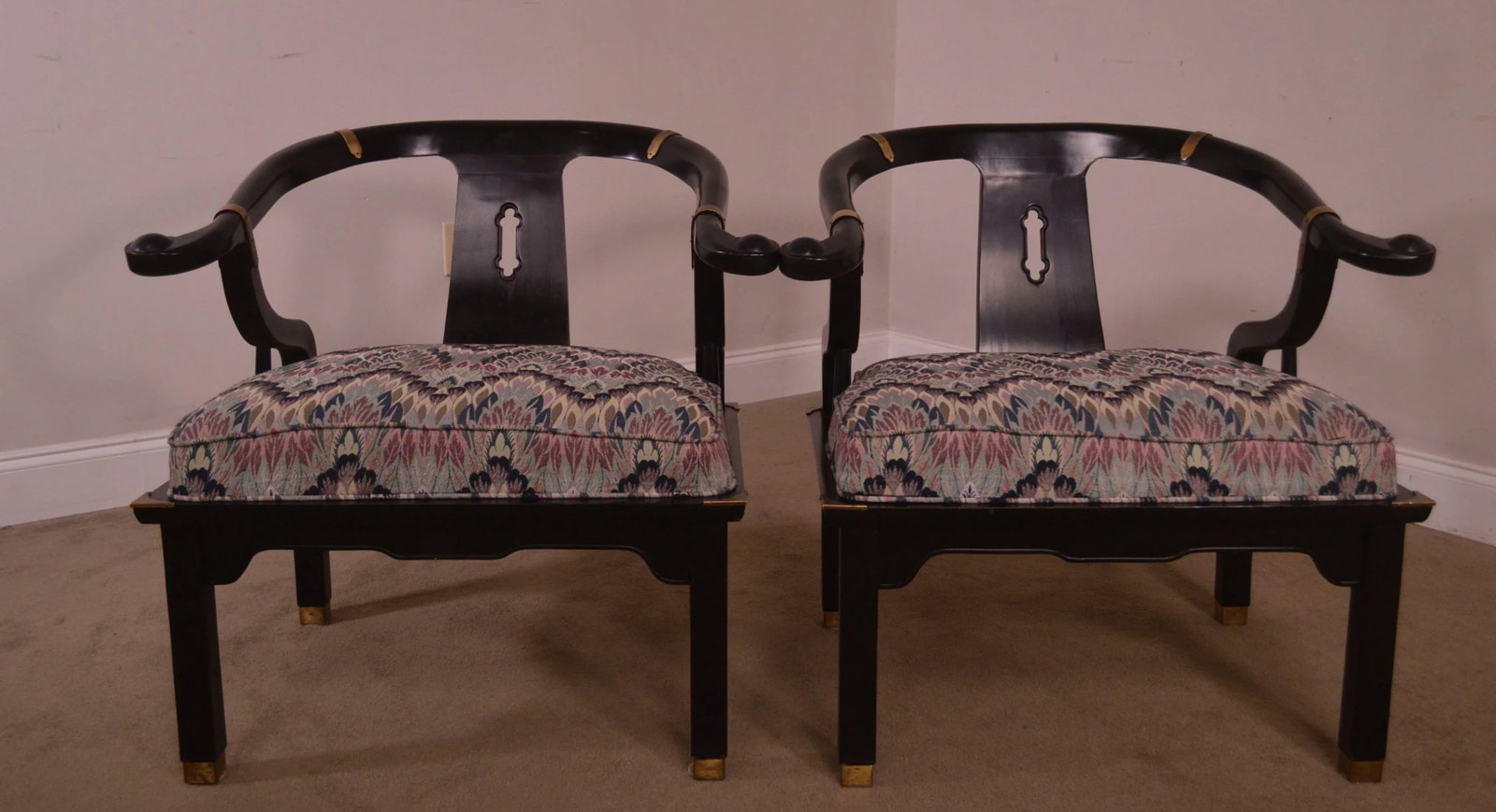 Mid-Century Black Lacquered Asian Style Horseshoe Armchairs - a Pair - 6