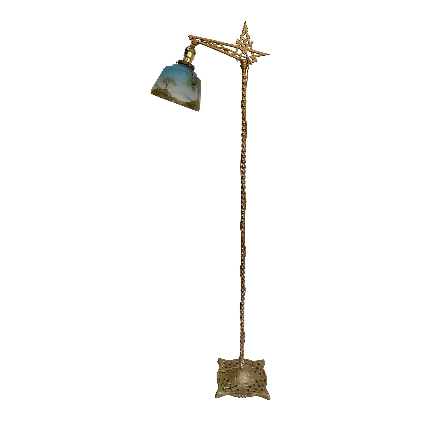 Early 20th Century Art Deco Floor Bridge Lamp With Painted Shade: Beautiful art deco lamp and hand painted shade with a mountain scene. When the light is on, it looks like the sun shining in a cloudless sky. Condition: Alterations: Original Design Modified