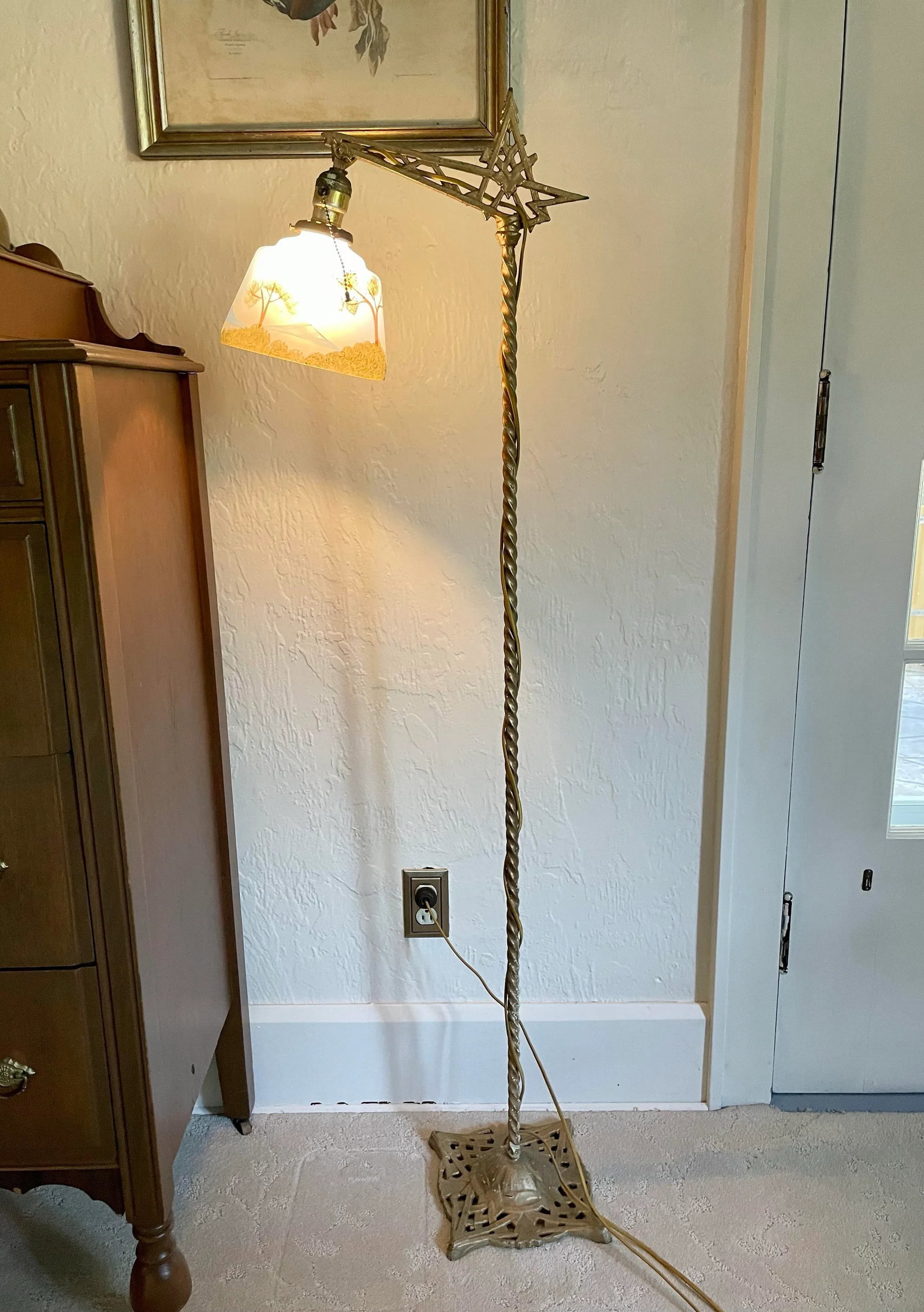 Early 20th Century Art Deco Floor Bridge Lamp With Painted Shade - 2