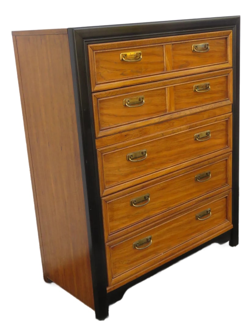 Late 20th Century Thomasville Chinoiserie Hollywood Regency Tall Chest of Drawers 6213: This beautiful Chest of drawers is made out of wood, solid wood, veneer, and metal. It was made by Thomasville, and it is stamped. The chest of drawers has Hollywood Regency style, it has tall silhoue