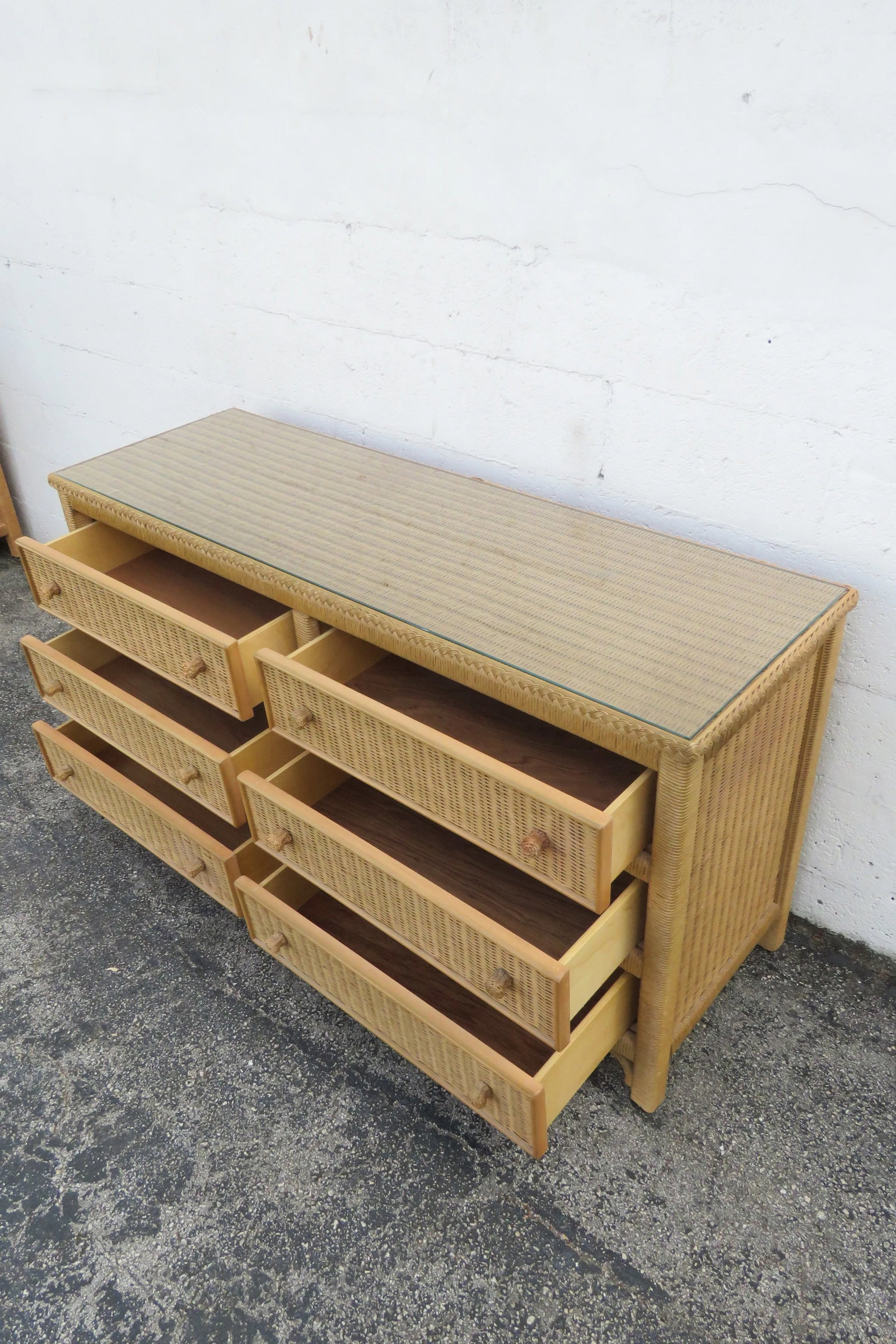 Lexington Hollywood Regency Woven Wicker Glass Top Double Dresser 6134 - 13