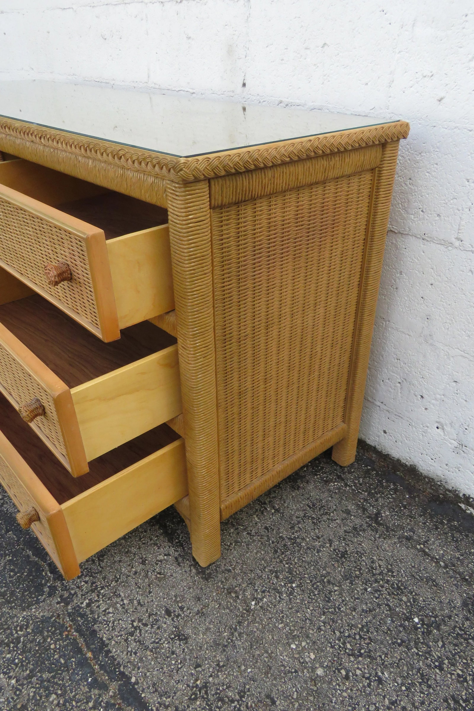 Lexington Hollywood Regency Woven Wicker Glass Top Double Dresser 6134 - 14