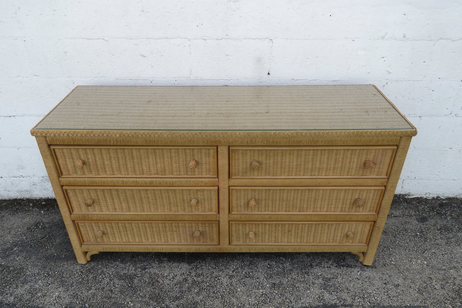 Lexington Hollywood Regency Woven Wicker Glass Top Double Dresser 6134 - 15