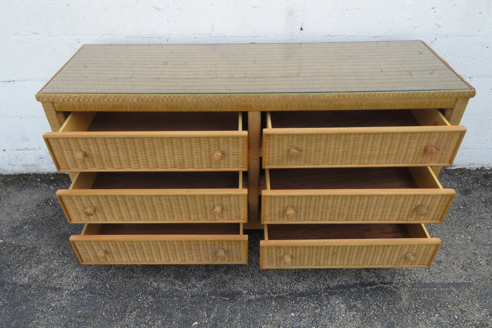 Lexington Hollywood Regency Woven Wicker Glass Top Double Dresser 6134 - 6