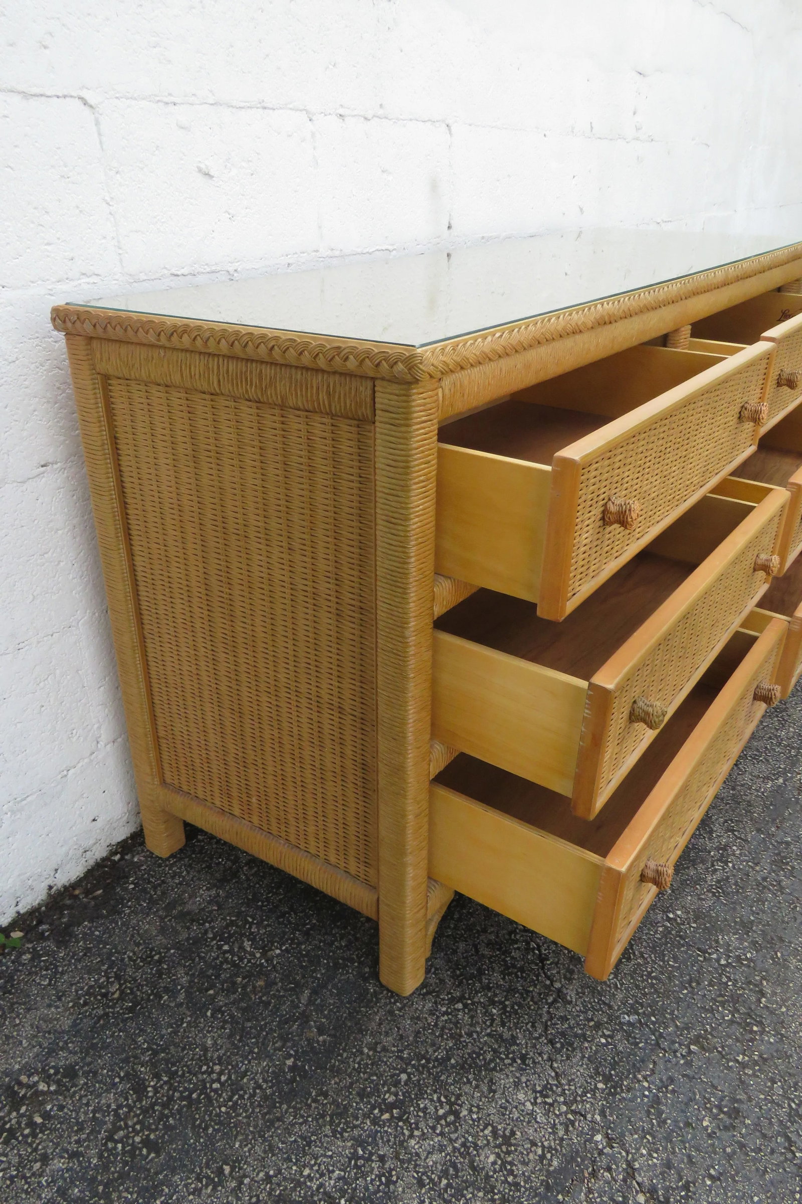 Lexington Hollywood Regency Woven Wicker Glass Top Double Dresser 6134 - 7