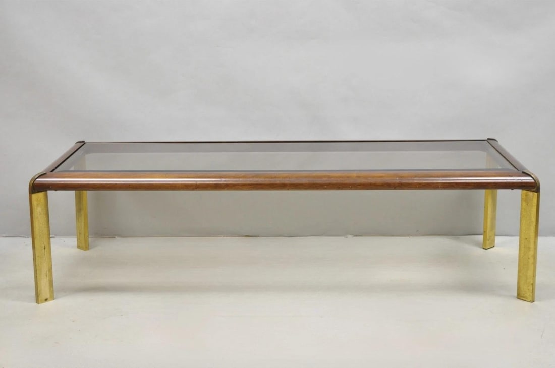 Vintage Lane Mid Century Modern Sculpted Brass Metal Wood Glass Top Coffee Table - 2