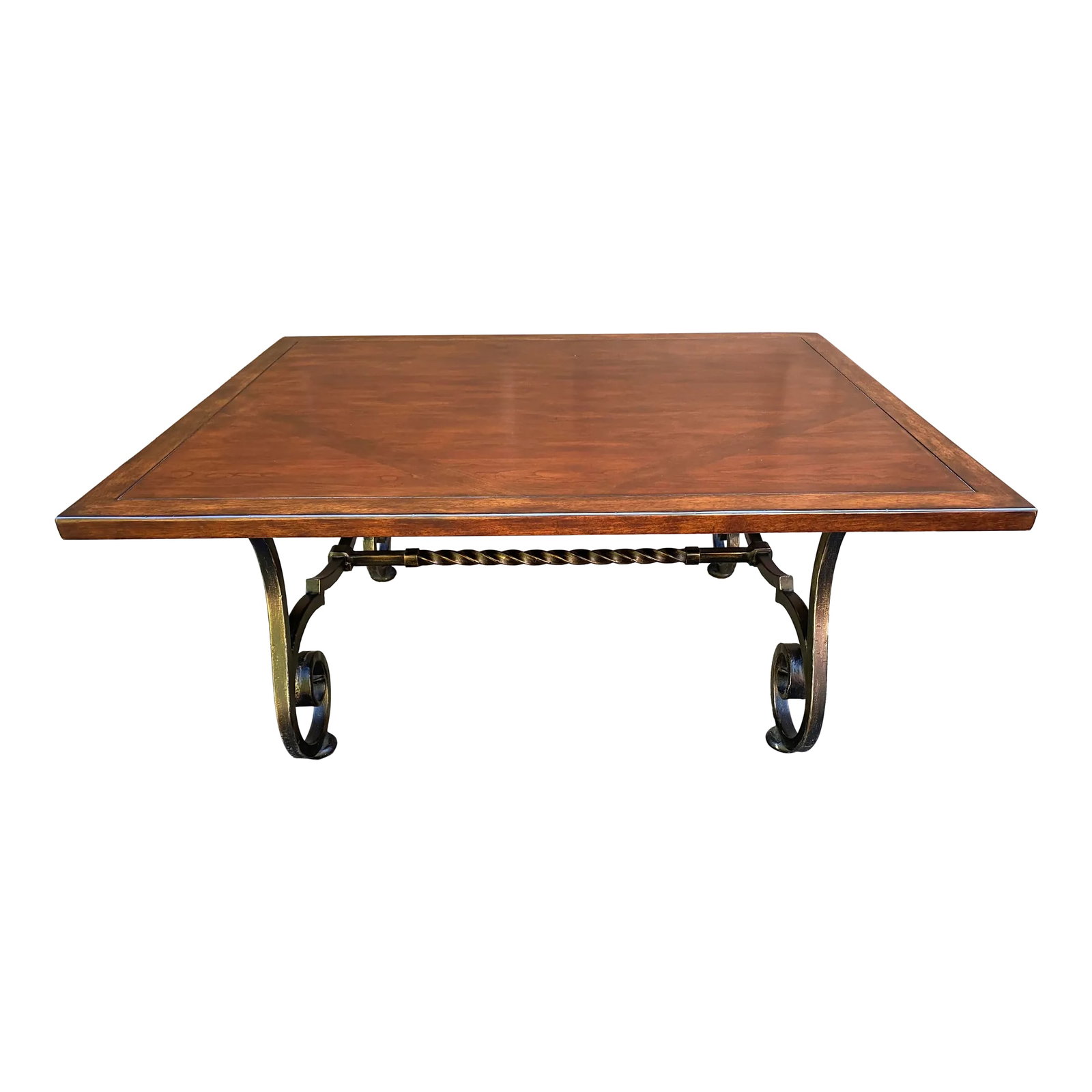 Bernhardt Repertoire Diamond Inlay Wood Cocktail Coffee Table on Metal Hand-Forged Scrolled Base (1 of 5)