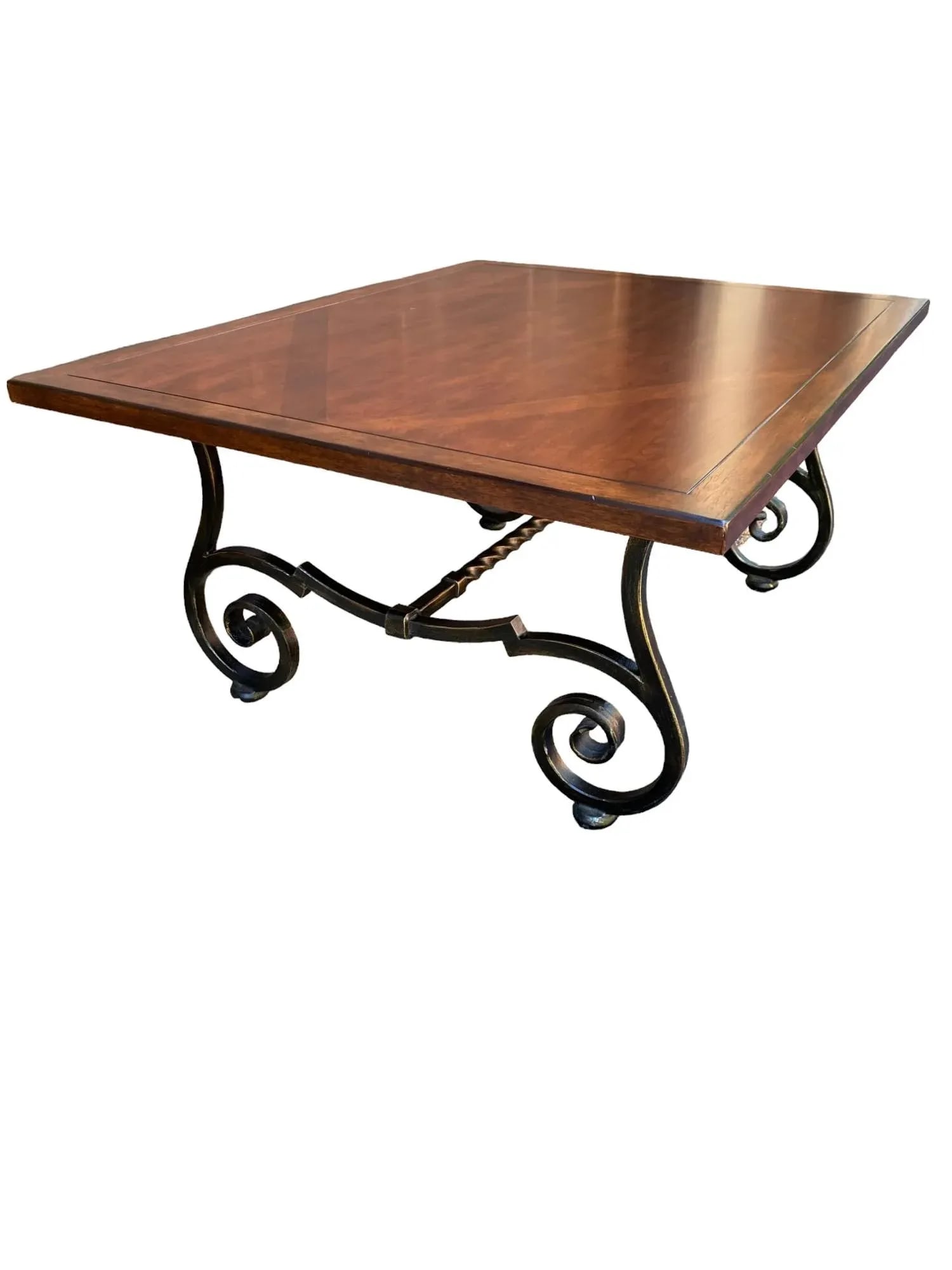 Bernhardt Repertoire Diamond Inlay Wood Cocktail Coffee Table on Metal Hand-Forged Scrolled Base - 4