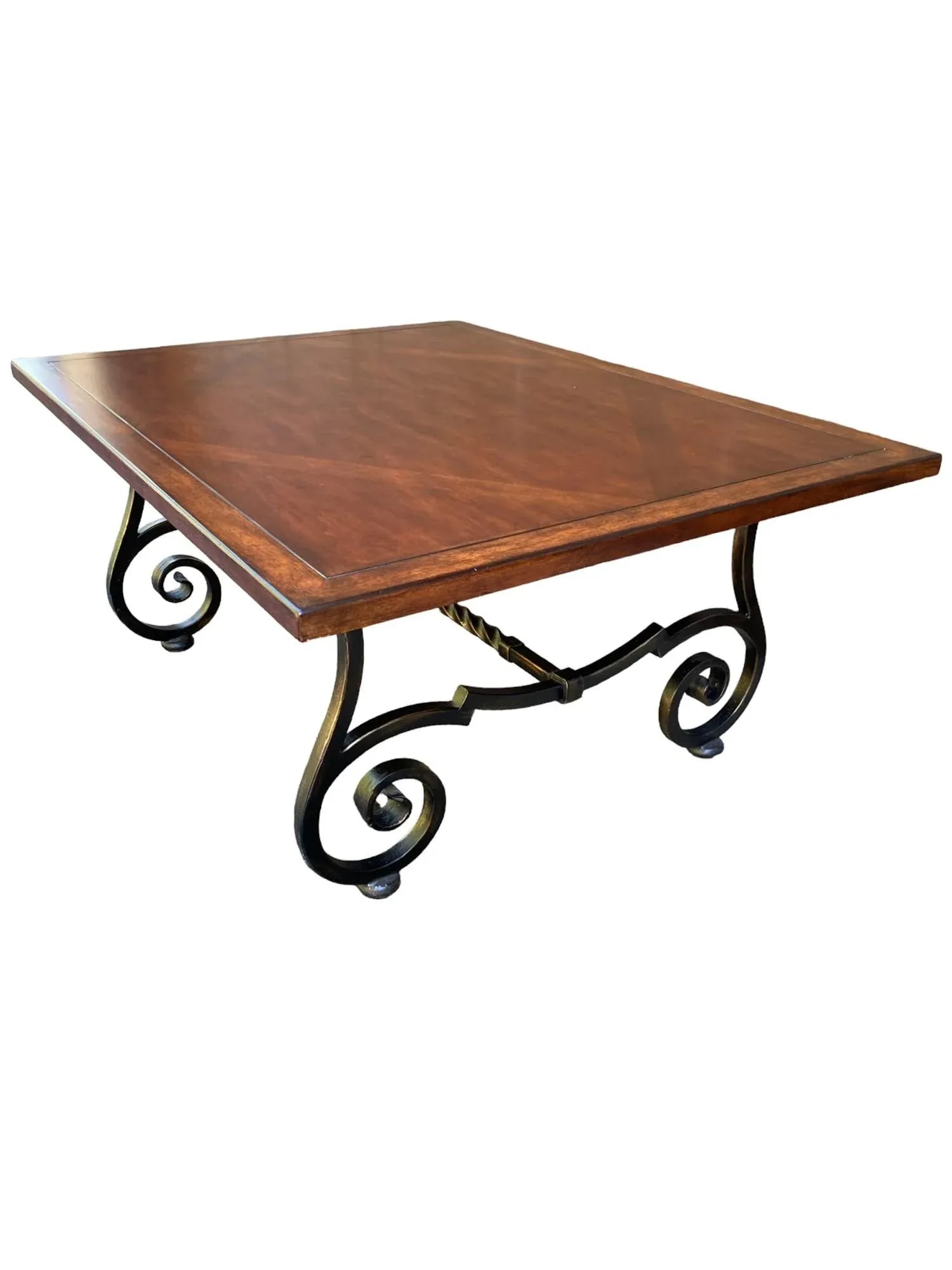 Bernhardt Repertoire Diamond Inlay Wood Cocktail Coffee Table on Metal Hand-Forged Scrolled Base - 5