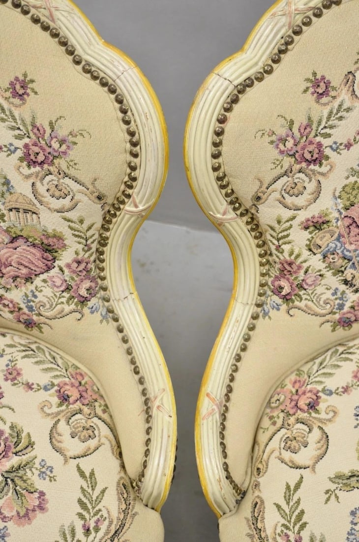Vintage French Louis XV Style Cream & Pink Painted Boudoir Slipper Chair - Pair - 10