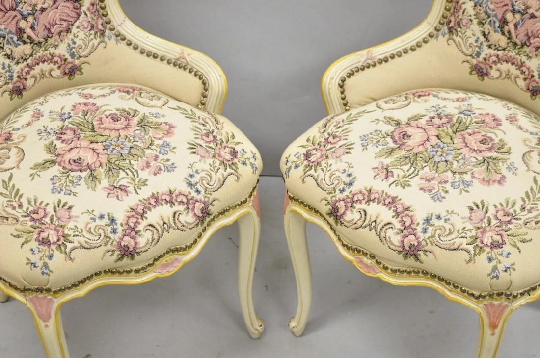 Vintage French Louis XV Style Cream & Pink Painted Boudoir Slipper Chair - Pair - 11