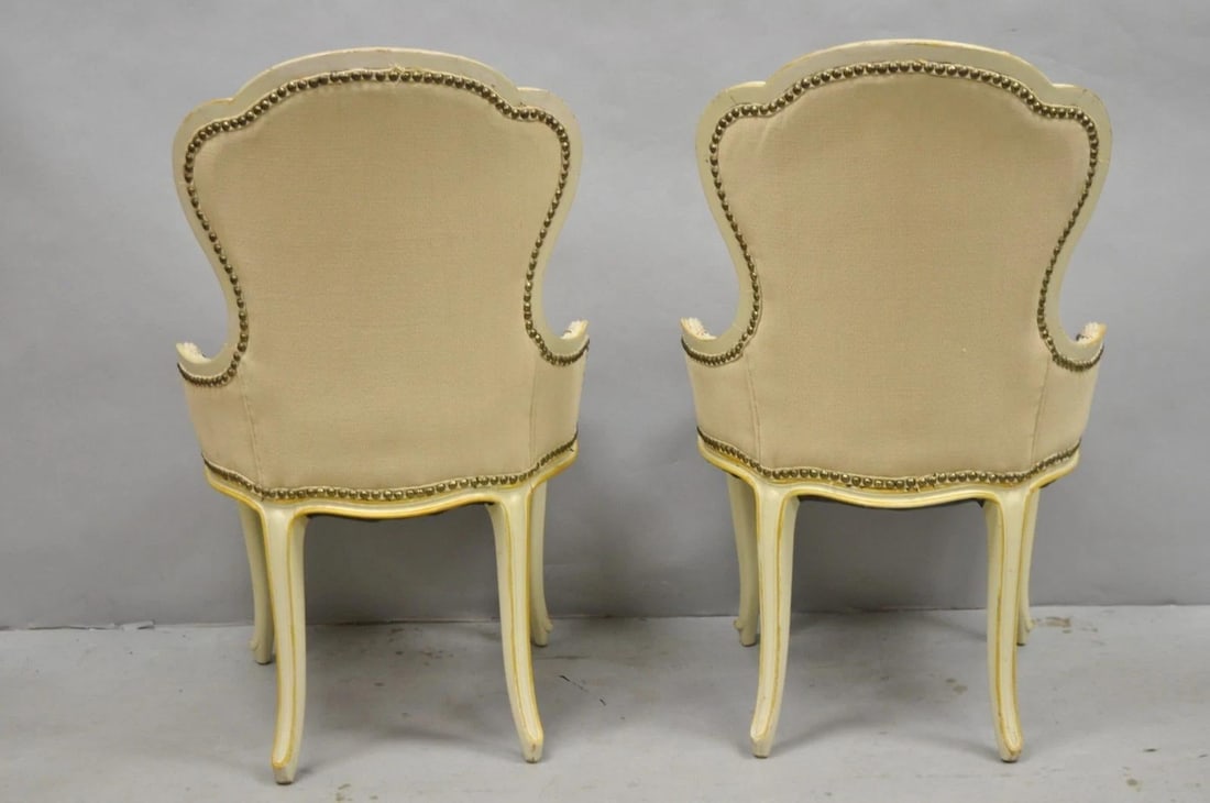 Vintage French Louis XV Style Cream & Pink Painted Boudoir Slipper Chair - Pair - 12