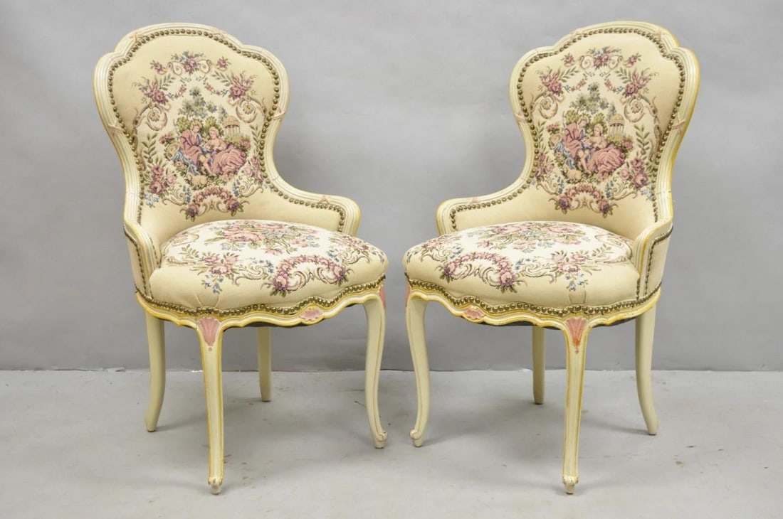 Vintage French Louis XV Style Cream & Pink Painted Boudoir Slipper Chair - Pair - 14