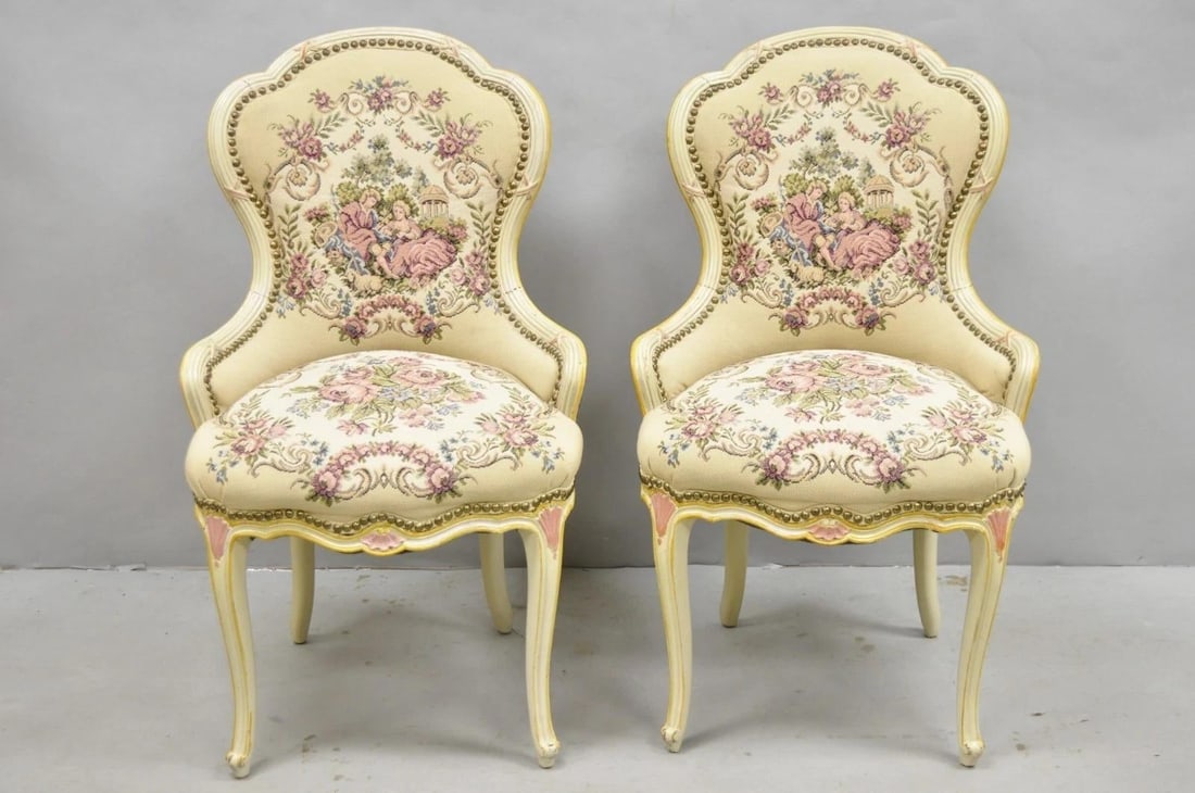 Vintage French Louis XV Style Cream & Pink Painted Boudoir Slipper Chair - Pair - 2