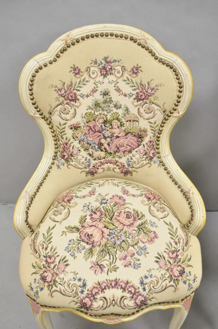 Vintage French Louis XV Style Cream & Pink Painted Boudoir Slipper Chair - Pair - 3