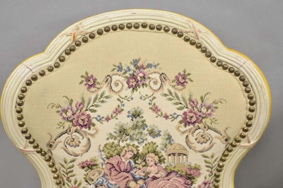 Vintage French Louis XV Style Cream & Pink Painted Boudoir Slipper Chair - Pair - 4