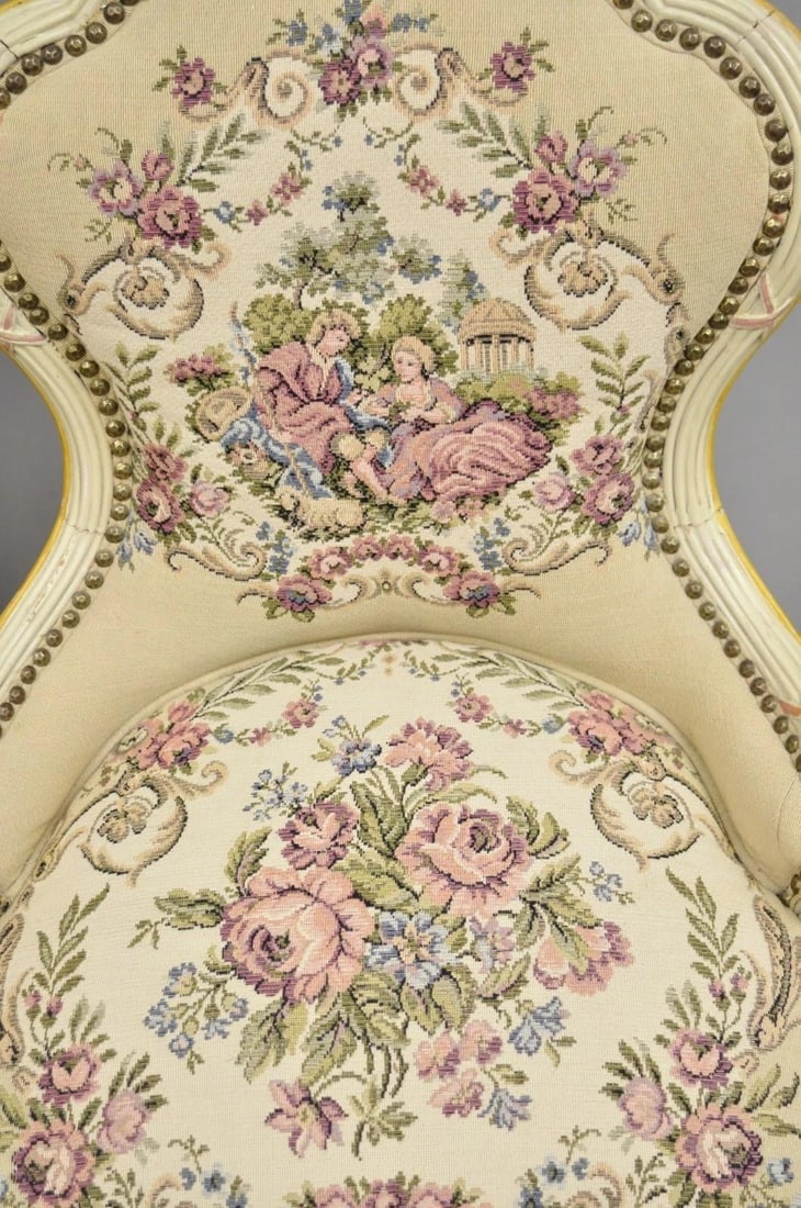 Vintage French Louis XV Style Cream & Pink Painted Boudoir Slipper Chair - Pair - 5