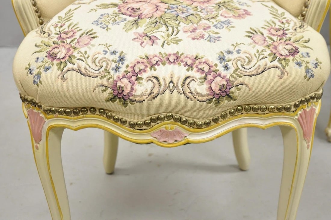Vintage French Louis XV Style Cream & Pink Painted Boudoir Slipper Chair - Pair - 6