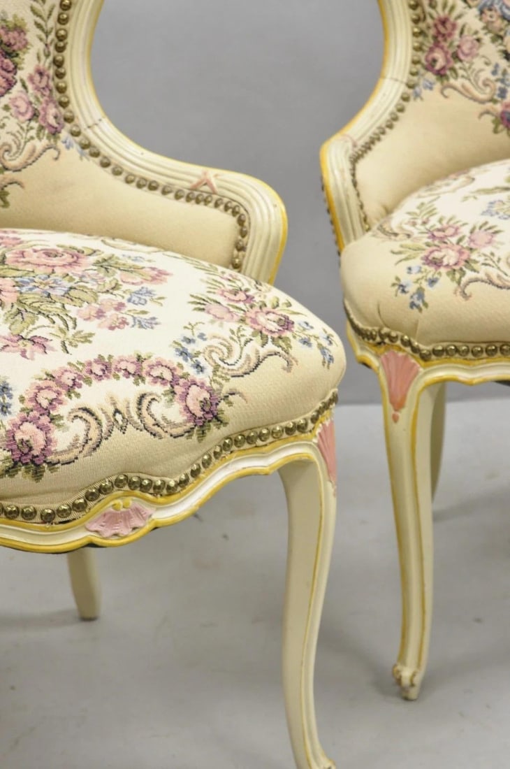 Vintage French Louis XV Style Cream & Pink Painted Boudoir Slipper Chair - Pair - 7