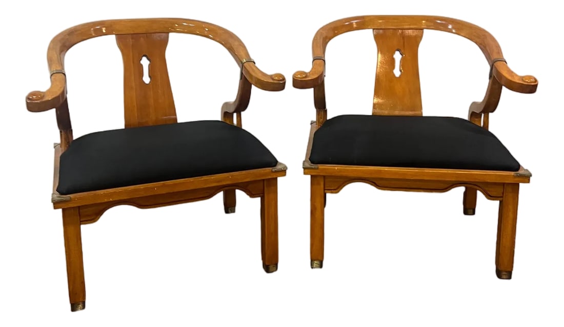 James Mont Style MCM Horseshoe Club Chairs Set of 2: Opulent pair of large Chinese ming style horseshoe club chairs originally designed by James Mont. These chairs epitomize his over the top dramatic mid-century modern style with an Asian flare. Hardwoo