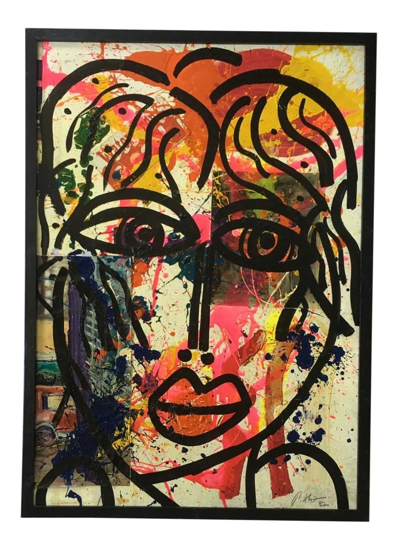 Peter Keil, Large Abstract Face Mixed-Media Painting, 1980s: Peter Keil is a German artist that focuses primarily on abstract expressionism. Keil painted with some of the greats including Joan Miro, Pablo Picasso and Andy Warhol, to name a few. This is a large 