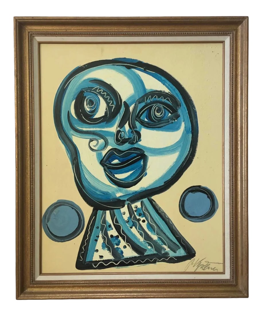 Mid 20th Century Abstract Portrait Acrylic Painting by Peter Keil, Framed: Peter Keil is a German artist that focuses primarily on abstract expressionism. Keil painted with some of the greats including Joan Miro, Pablo Picasso and Andy Warhol, to name a few. This is a stunni