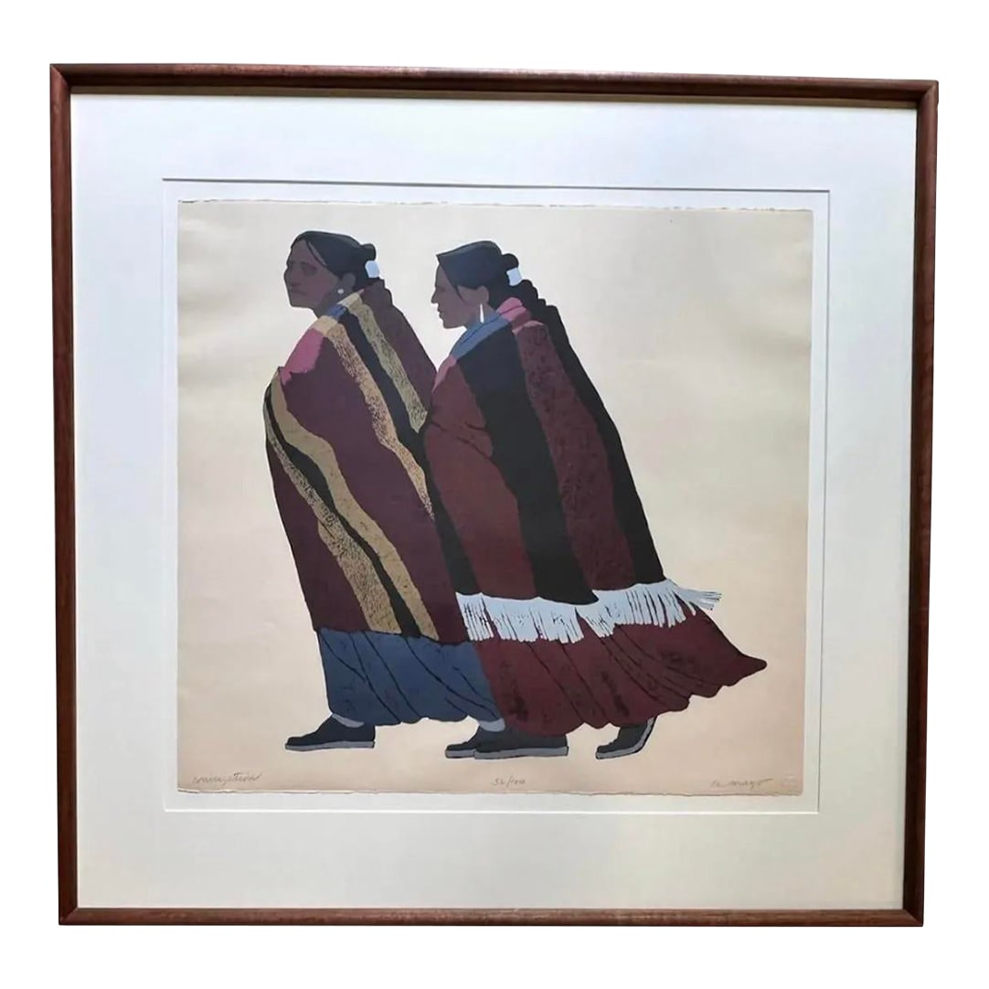 Louis De Mayo "Conversation" 1981 Hand Signed Fine Art Serigraph Limited Edition: Arizona artist Louis de Mayo (1926-2016) is a contemporary painter of the American Indian. Custom Wood Framing under glass 33" wide x 32" tall Matted Site size 23.75" wide x 22.25" tall Limited