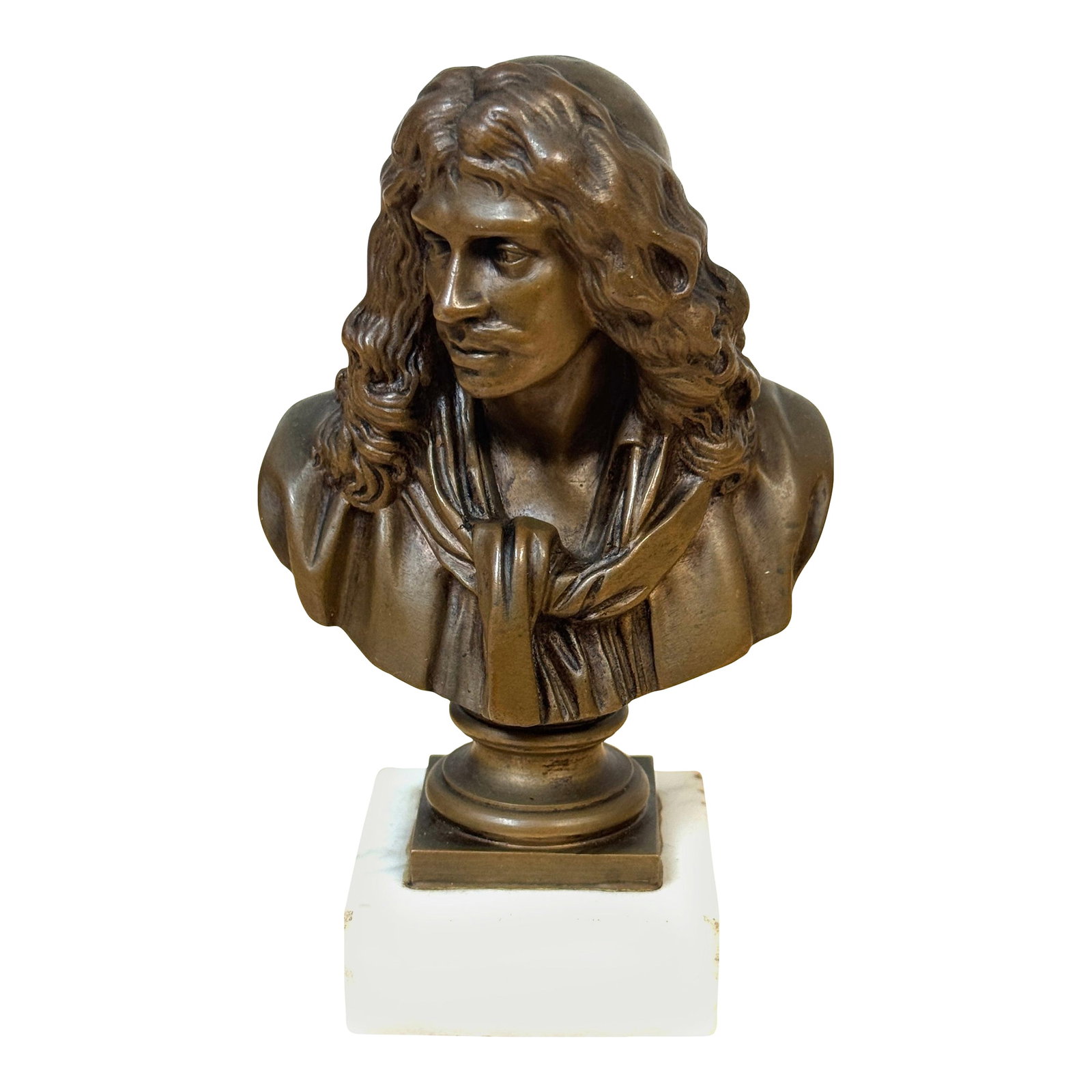 Bronze Reduction Bust of Moliere by F. Barbedienne, after Caffieri: Bronze Reduction Bust of Moliere by F. Barbedienne, after Caffieri, circa 1870s Measurements: 5.25" high x 3.25" wide x 2.25" deep Base: 2" square white marble Description A finely cast bronze reducti