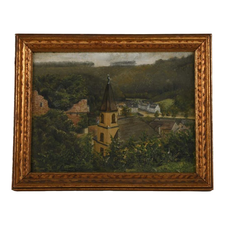 Framed Oil on Board of H. Rossler's "Landscape and Buildings Exterior View": A Framed Oil on Board of H. Rossler's "Landscape and Buildings Exterior View" features a detailed scene blending natural elements with architectural structures, in a countryside setting. The use of