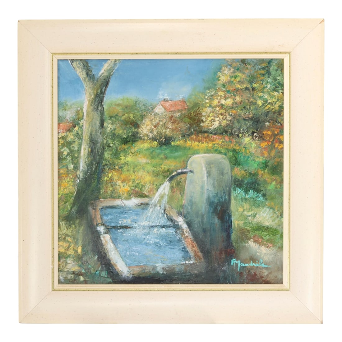 French Village Scene w/Fountain Painting: Charming vintage French oil on canvas, artist signed lower right. The composition depicts a rustic village fountain shaded by a tree, with cottages and gardens beyond, rendered in vibrant, impressioni