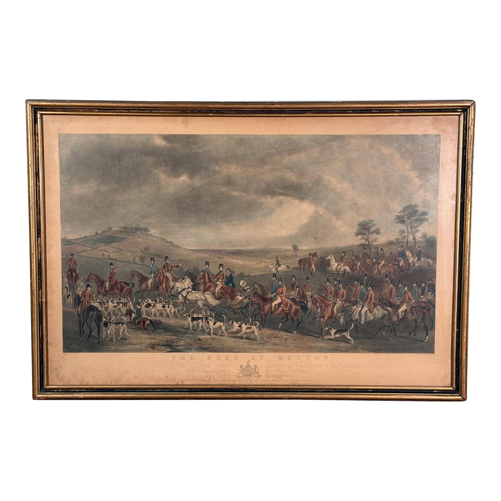 Antique Hand-Colored Fox Hunting Engraving "The Meet at Melton" After F. Grant: This large antique 19th century hand-colored engraving titled The Meet at Melton depicts an elaborate fox hunting scene after the painting by F. Grant and was engraved by W. Humphreys, published by Gr